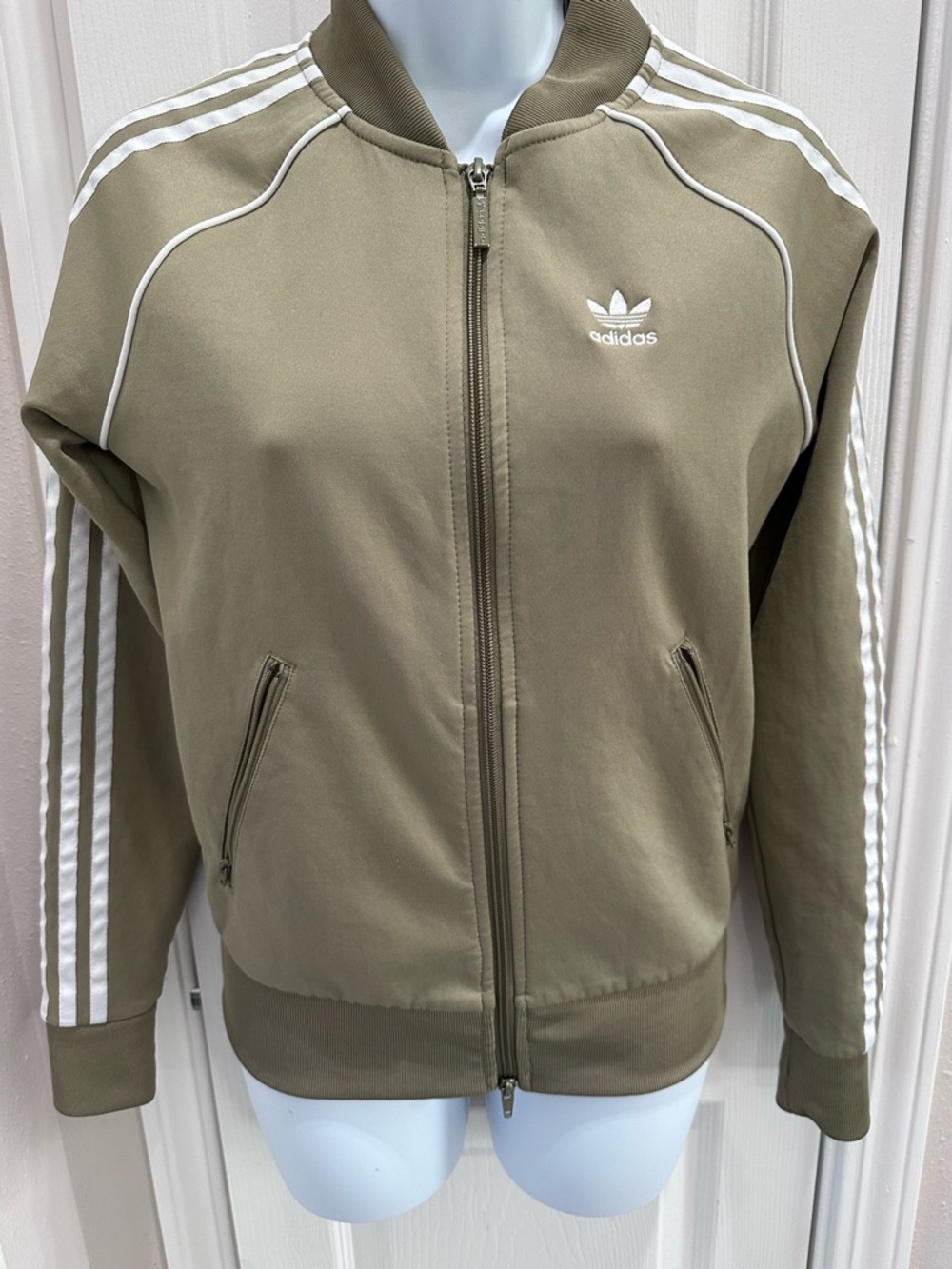 adidas Olive Green Track Jacket with White Stripes
